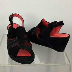 Pas De Rouge Suede Strappy Wedge Pump Black Size 8 Slingback Open Toe